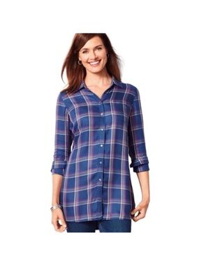 Talbots Navy Plaid Button-Down Shirt with Pink and Yellow Stripes Size Large